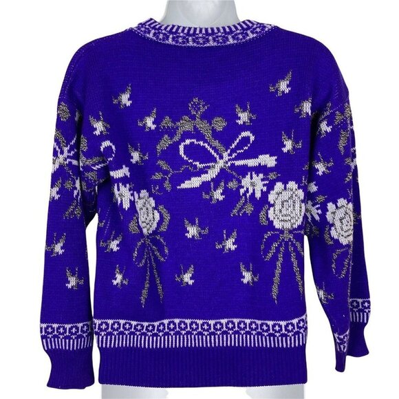 Vintage Billie Jo Purple Sweater Womens M L Roses Bows Fair Isle - Picture 4 of 6